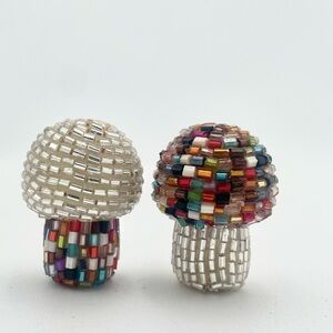 Set of 2 Minature Beaded Mushrooms on Wooden Base